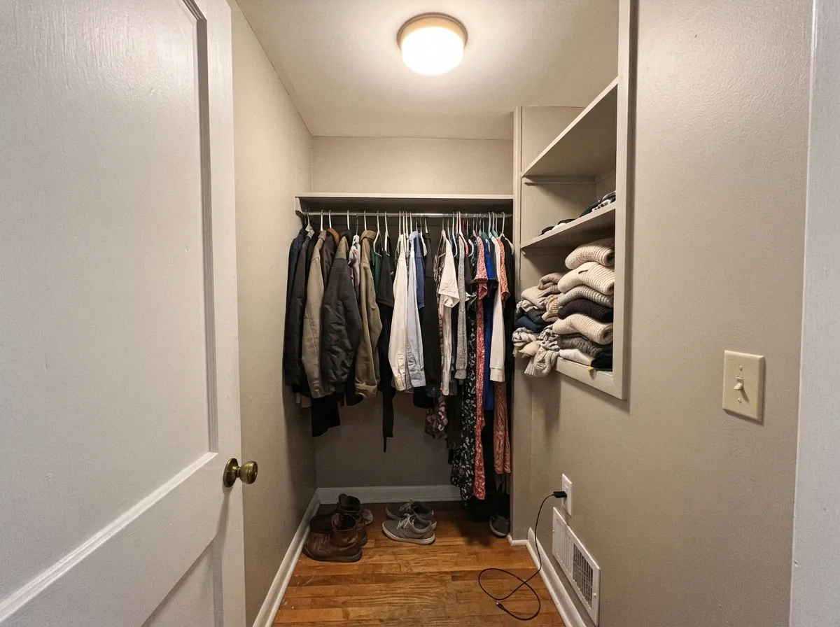 Color-drenched closet: walls, shelves and door in one mid-tone reads like a fitting room and hides the marks around the rod.