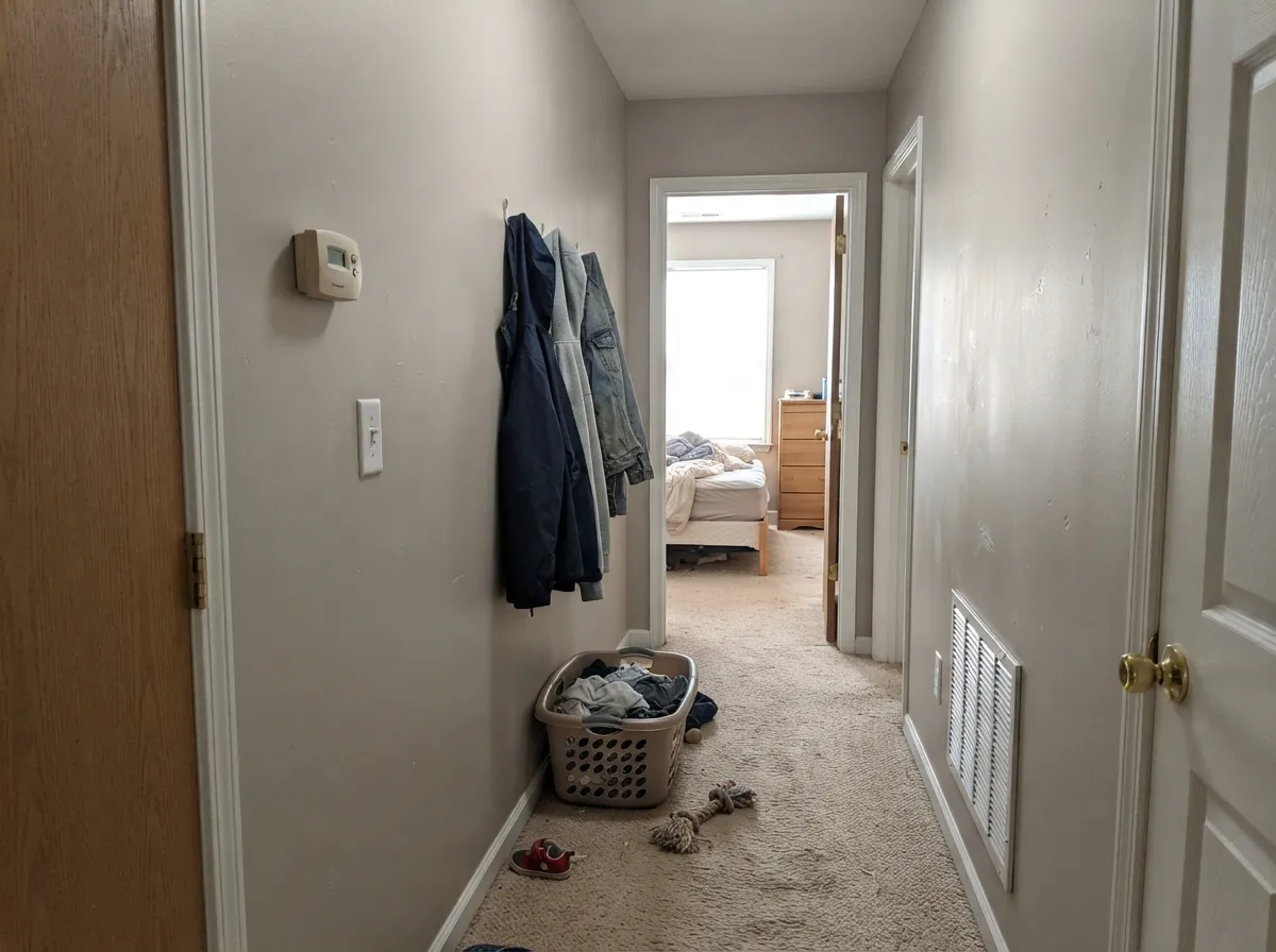 In a hallway the mid-tone earns its keep — bag scuffs and shoe marks disappear where a pale greige would show every one.