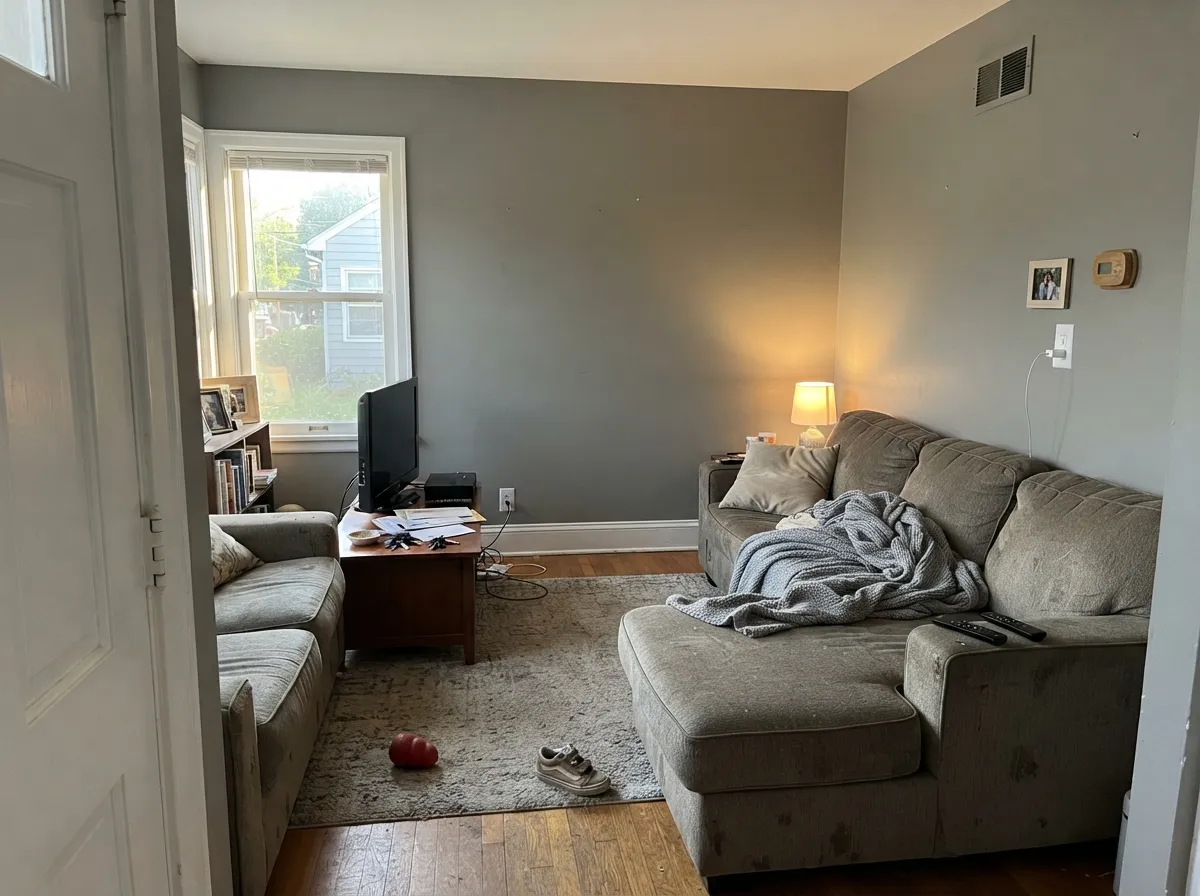 Granite Boulder on a daylit main floor — gray enough to stay stone, warm enough to feel finished against Pure White trim.