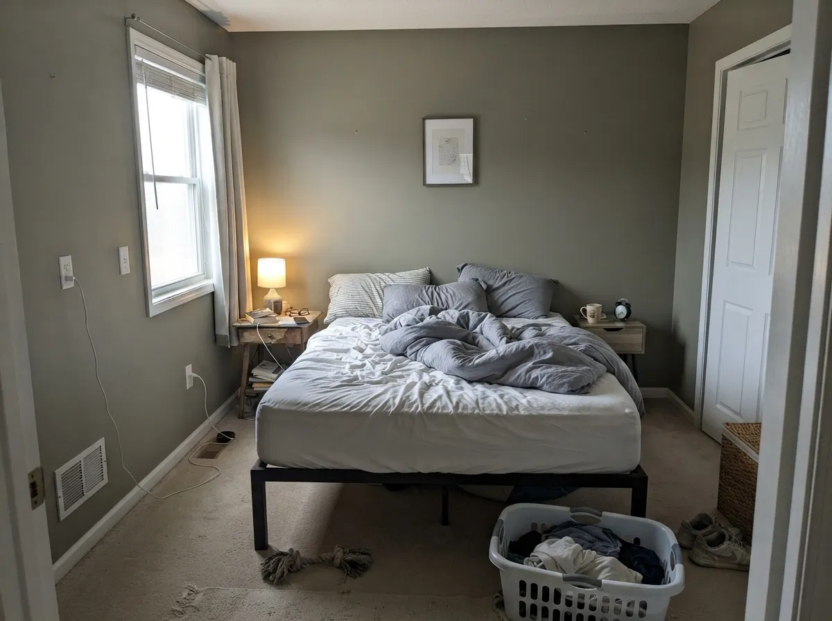 In a morning-lit bedroom the mid-gray stays restful — warm stone, not beige, not office gray — as long as a lamp can go on after dark.
