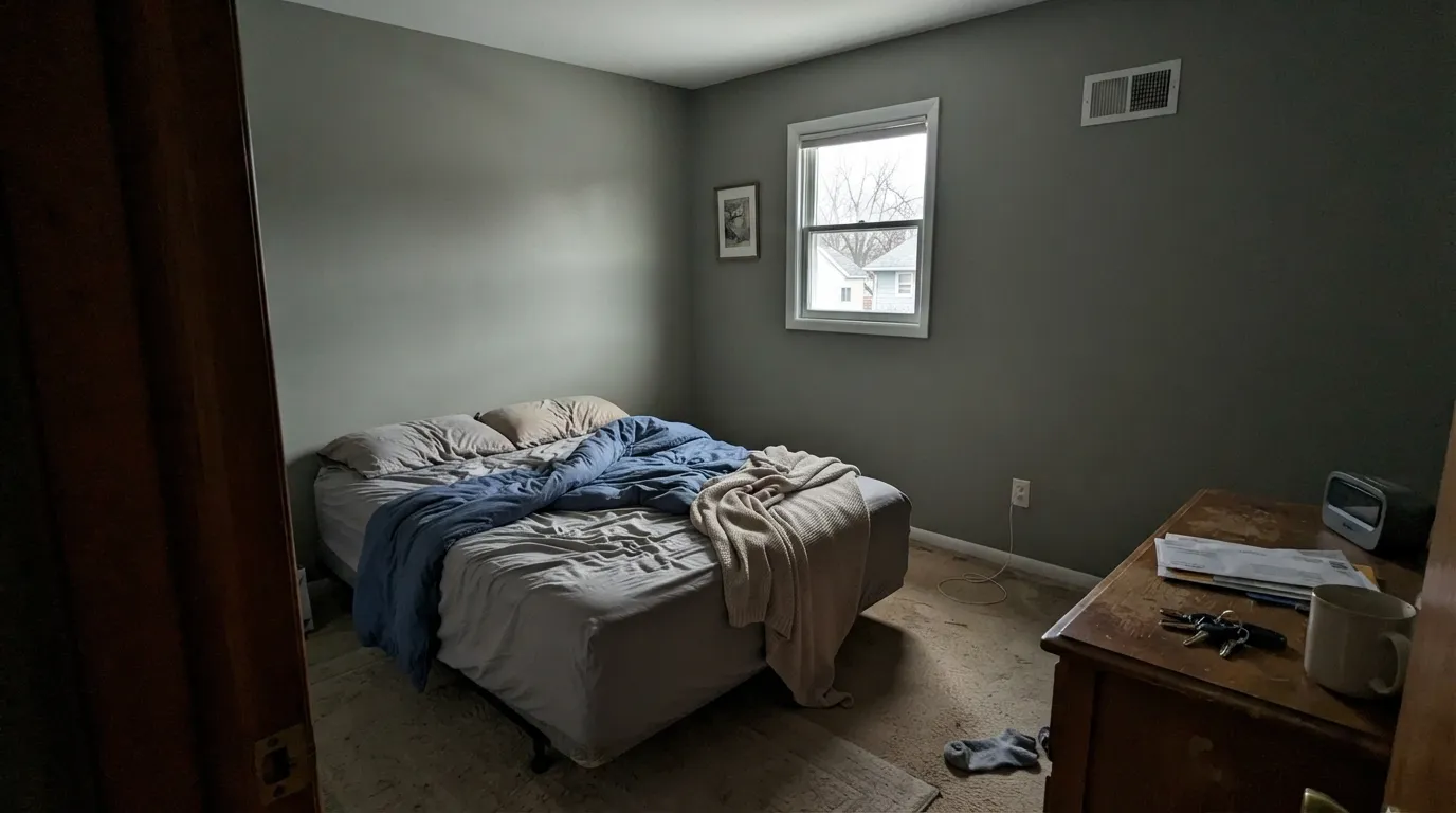 The honest shot: in a dim north room with no lamps, the taupe drains out and Granite Boulder goes olive — or the baby-blue gray one owner painted over the same day.