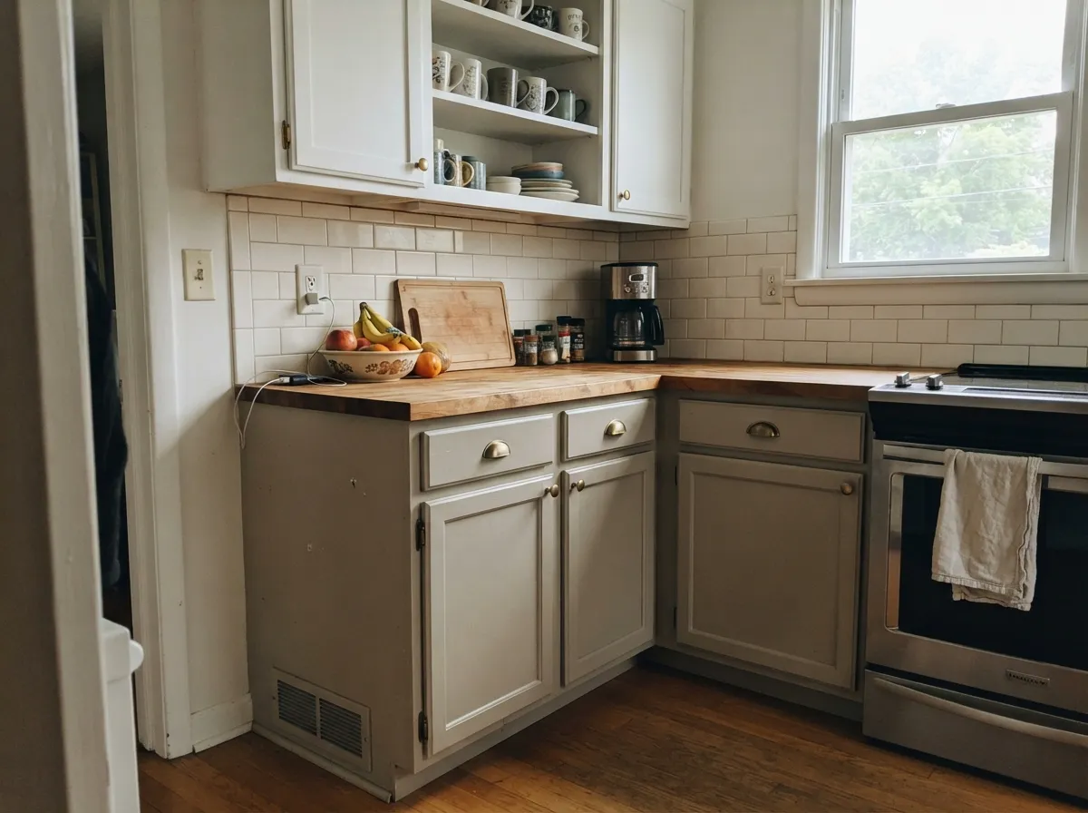 On cabinets over butcher block and brass, the beige side comes forward and the color reads finished, not cold.
