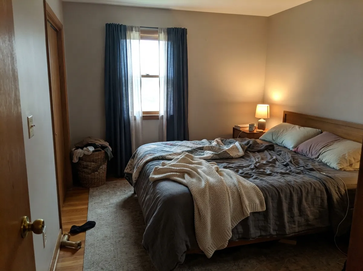 Under a warm 2700K lamp at night the beige comes forward and the room feels grounded, not flat.