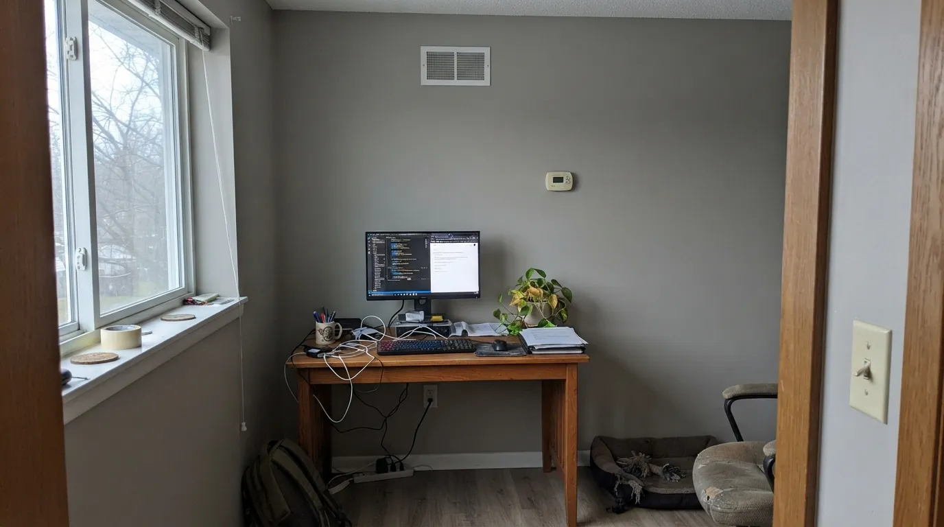 The honest shot: in a dim north room with no lamp running, the warmth drains out and Granite Dust goes flat, cooler gray — the exact light this color depends on avoiding.