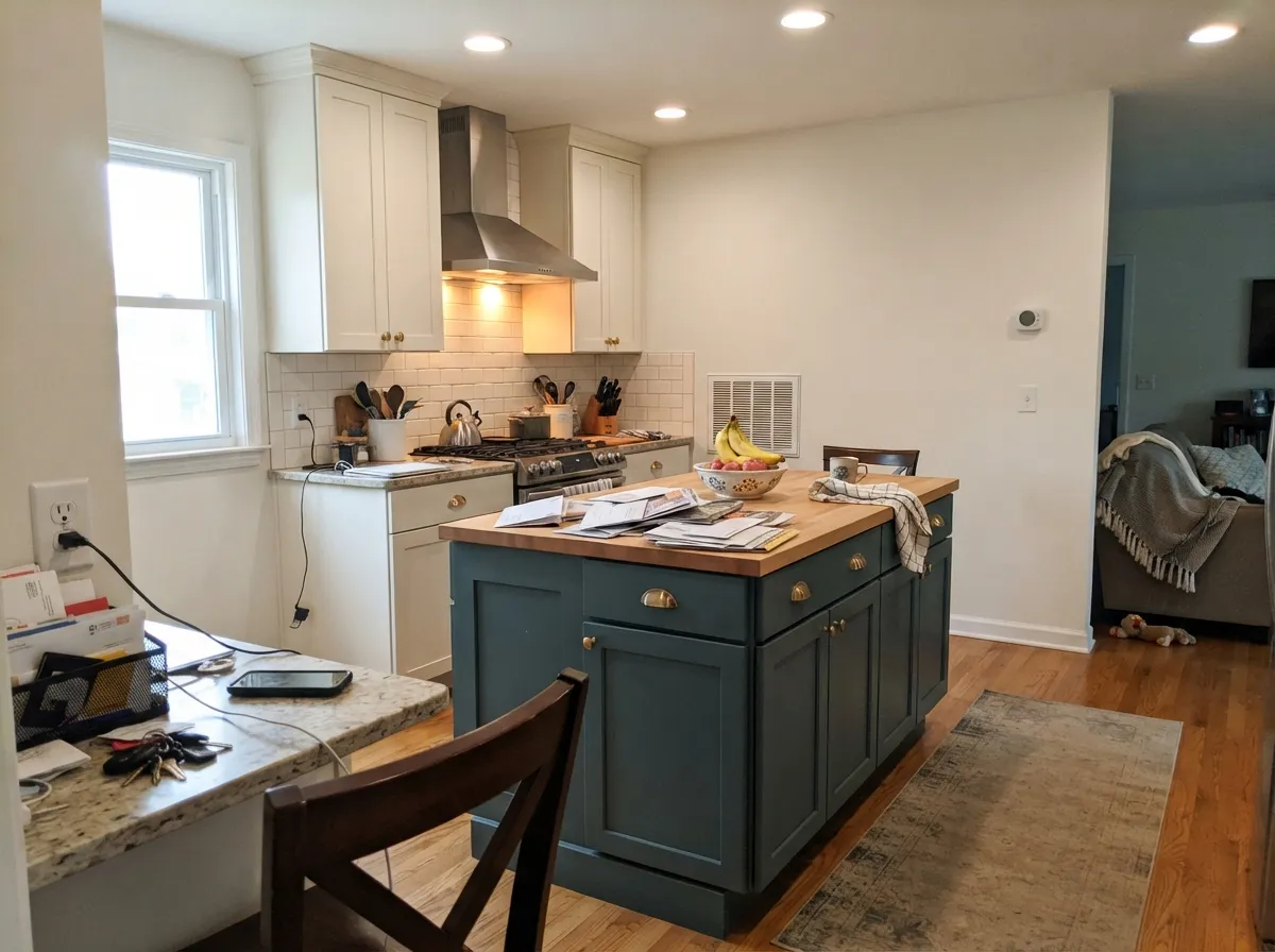 On an island under real daylight the enamel reads as a confident cool charcoal, not black — the job Behr actually built this color for.