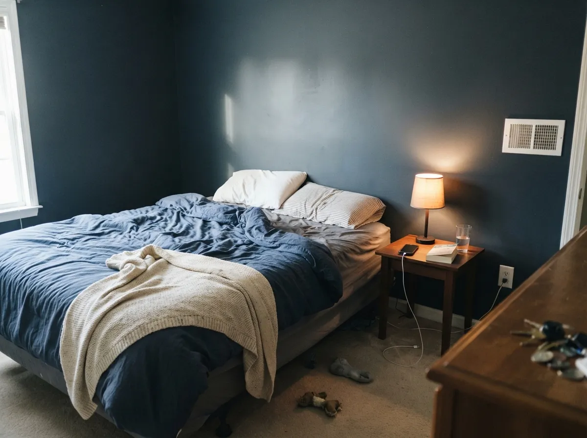 One accent wall with real daylight hitting it at an angle — the blue-green undertone is visible without committing the whole room to it.