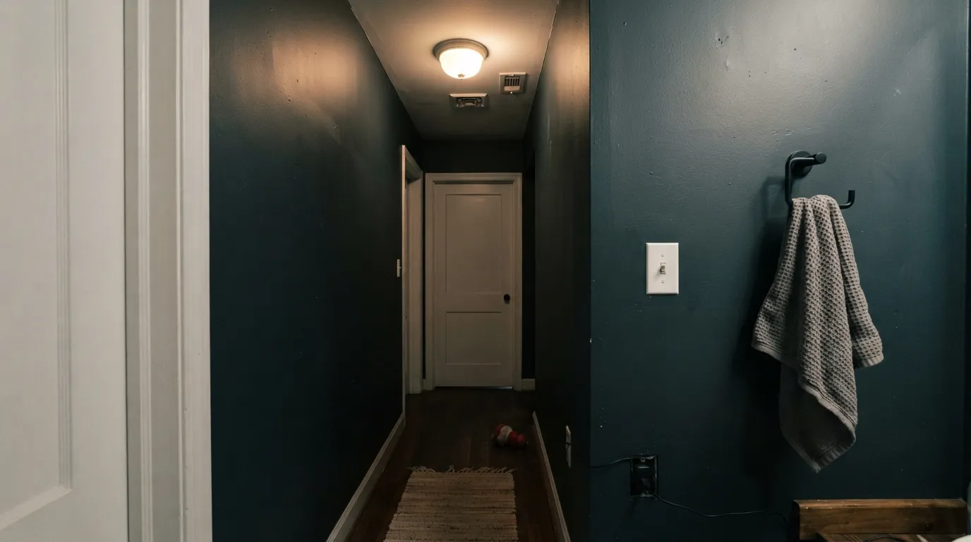 The honest shot: no daylight at all and the blue-green disappears completely — this is just black, the exact letdown buyers report when they paint a windowless room expecting a colorful charcoal.