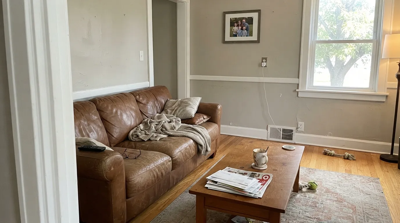 Gratifying Gray across an open living room in real daylight — warm enough to feel finished, gray enough to stay quiet against white trim.