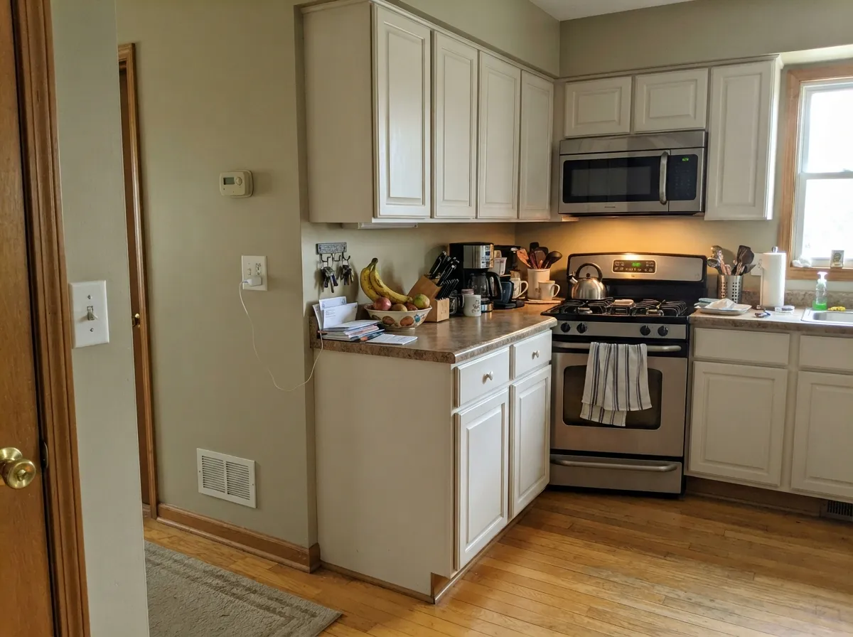 Behind warm wood cabinetry it does exactly what its Sherwin-Williams twin does — an easy, calm neutral that doesn't fight the wood.