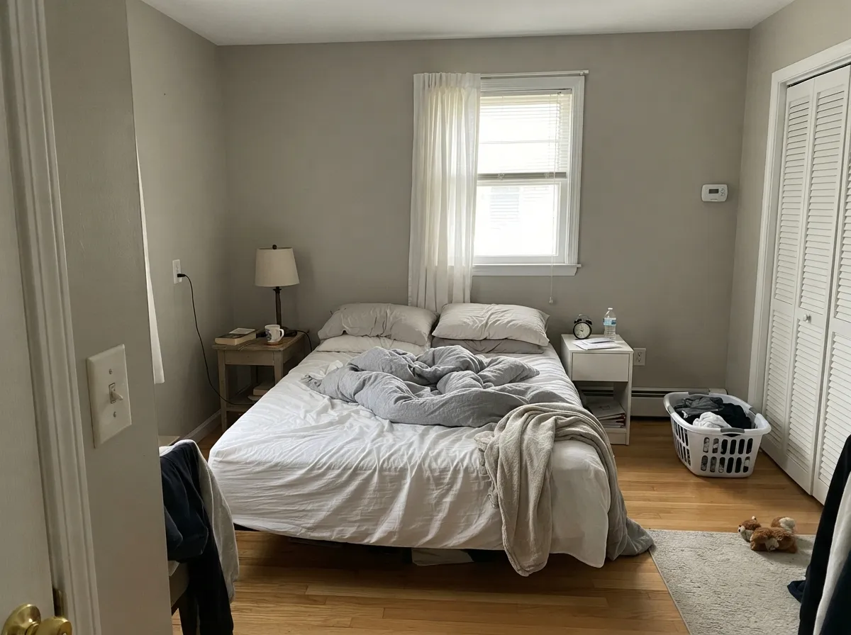 In a morning-lit bedroom the light greige stays restful — sandy taupe, not cold gray, not yellow beige.