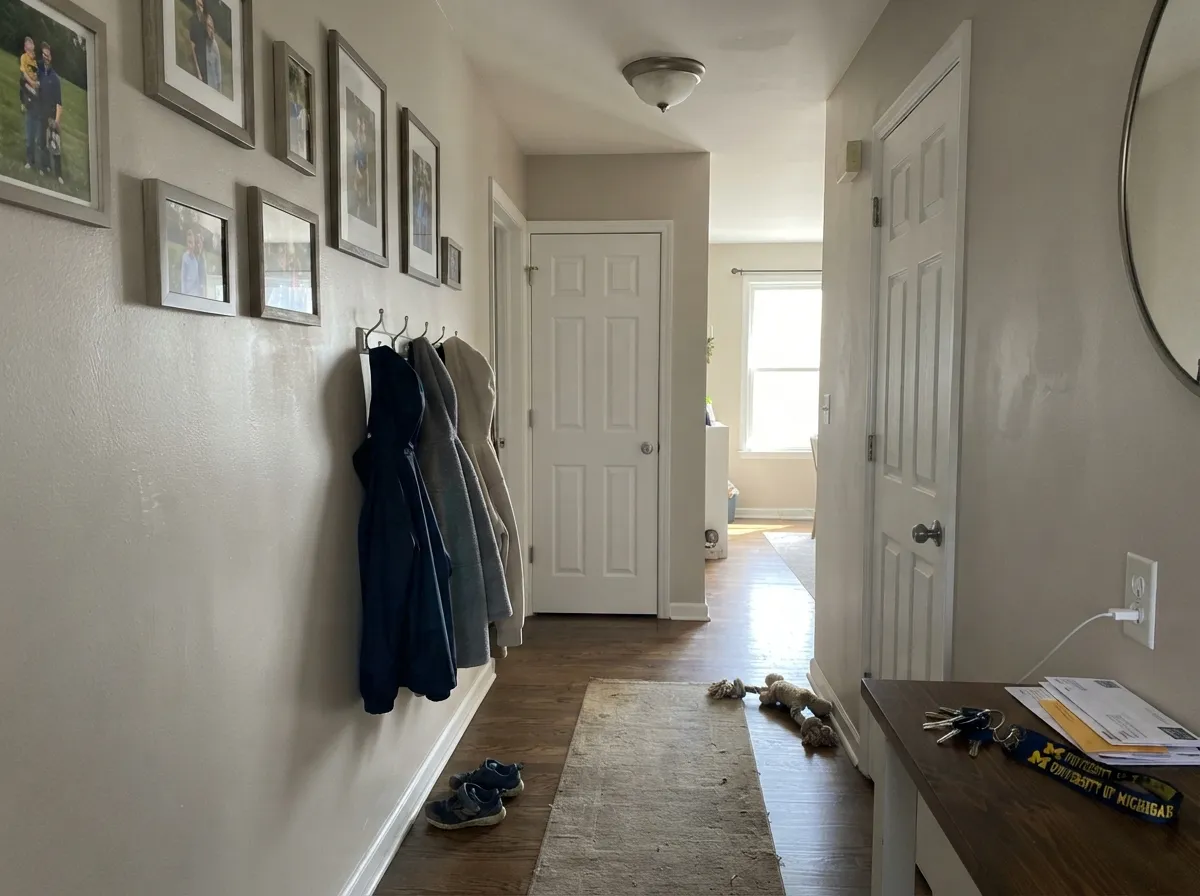 The whole-house test: hallways are where Gravelstone earns its keep, carrying room to room without clashing.