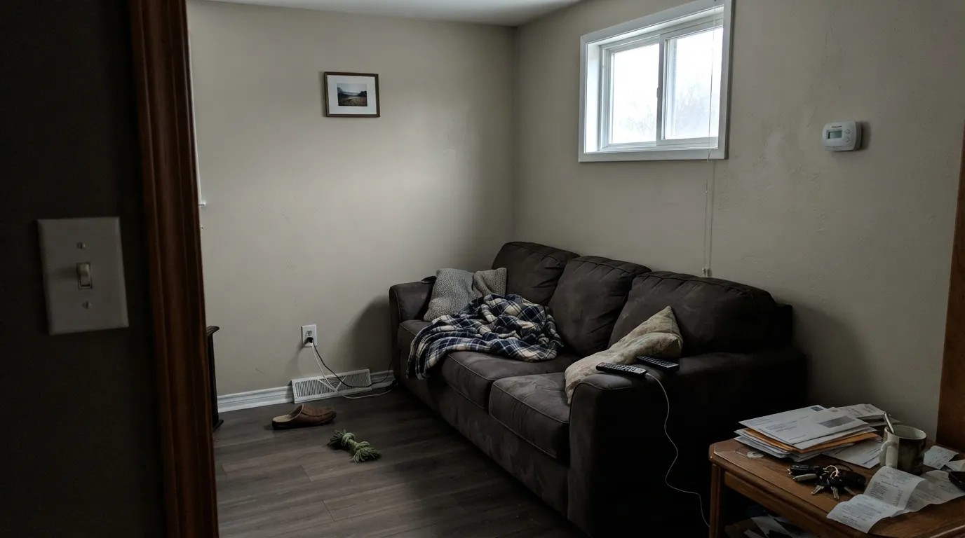 The honest shot: in a dim north room with no lamps, the sand drains out and Gravelstone goes drab gray — the same north-light failure that wrecks Accessible Beige.