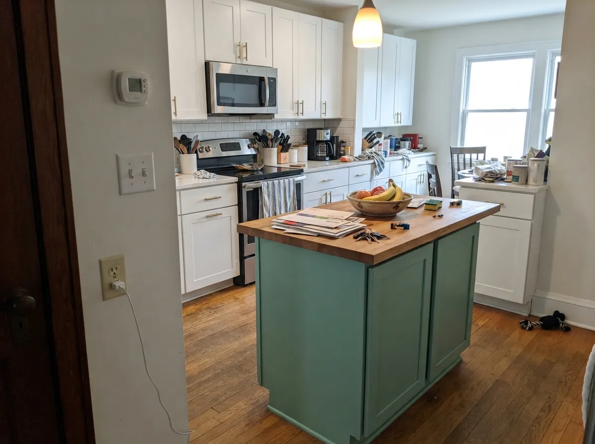 On an island under white perimeter cabinets, the color reads confident and current — not a whole kitchen's worth of commitment.