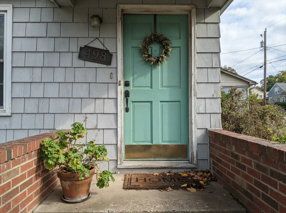 On a front door against a quiet neutral house, it holds its color in daylight better than paler green-blues do.