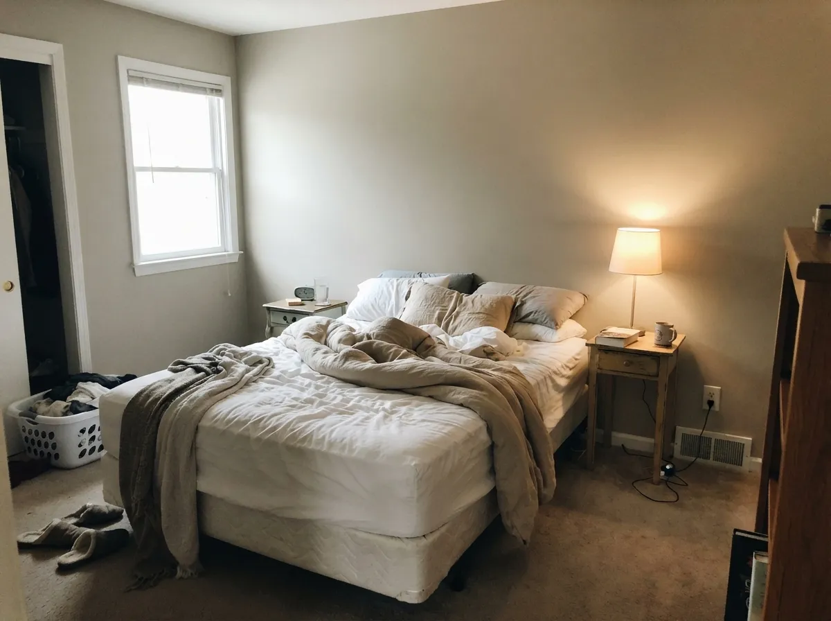In a morning-lit bedroom the mid-tone stays restful — warm grey with a hint of beige, not a pale Instagram wash.