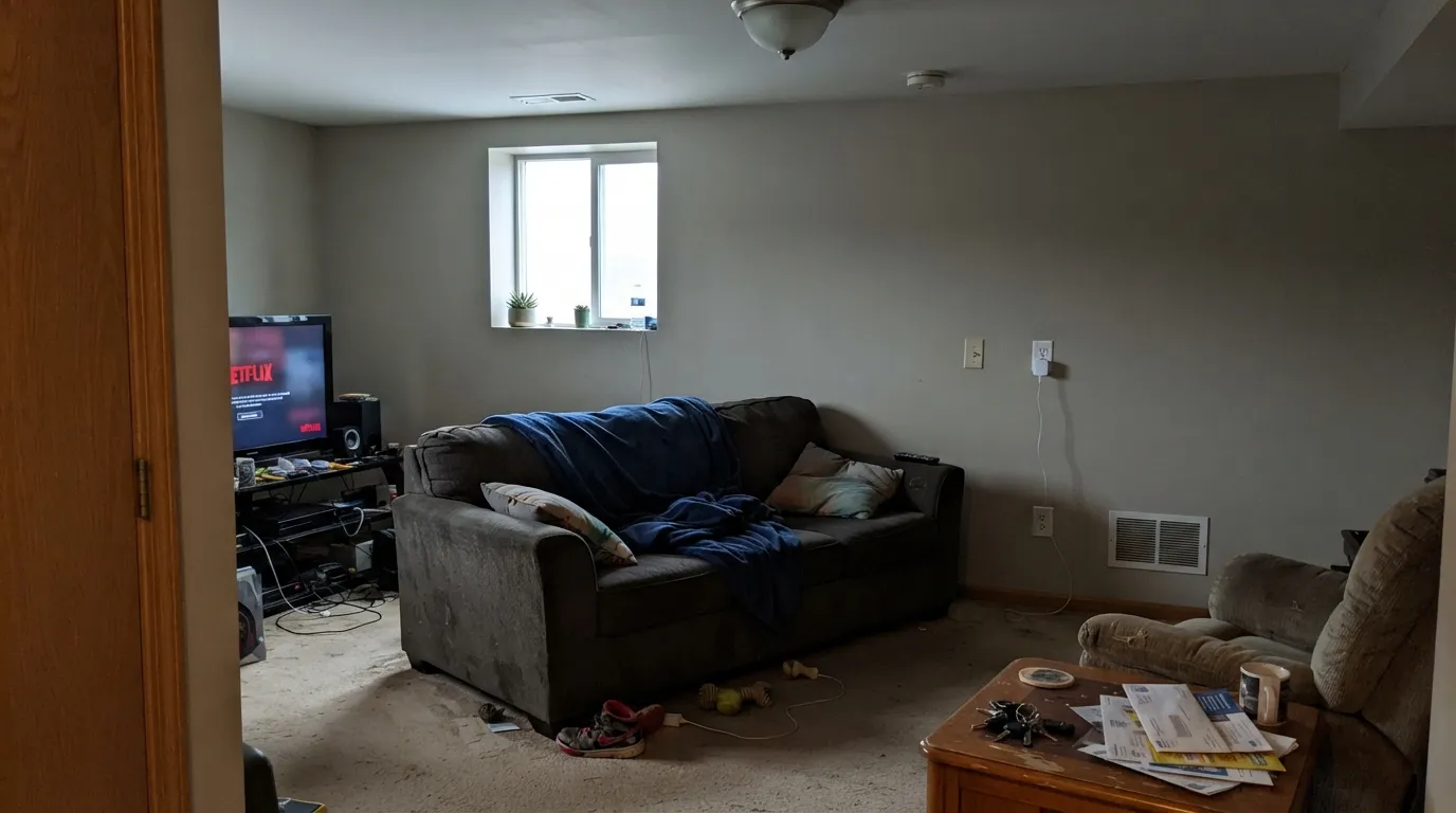 The honest shot: in a dim north room with no lamps, the sand drains out and Greige goes dreary gray — the exact situation Home Depot's own gray-on-the-walls warning describes.