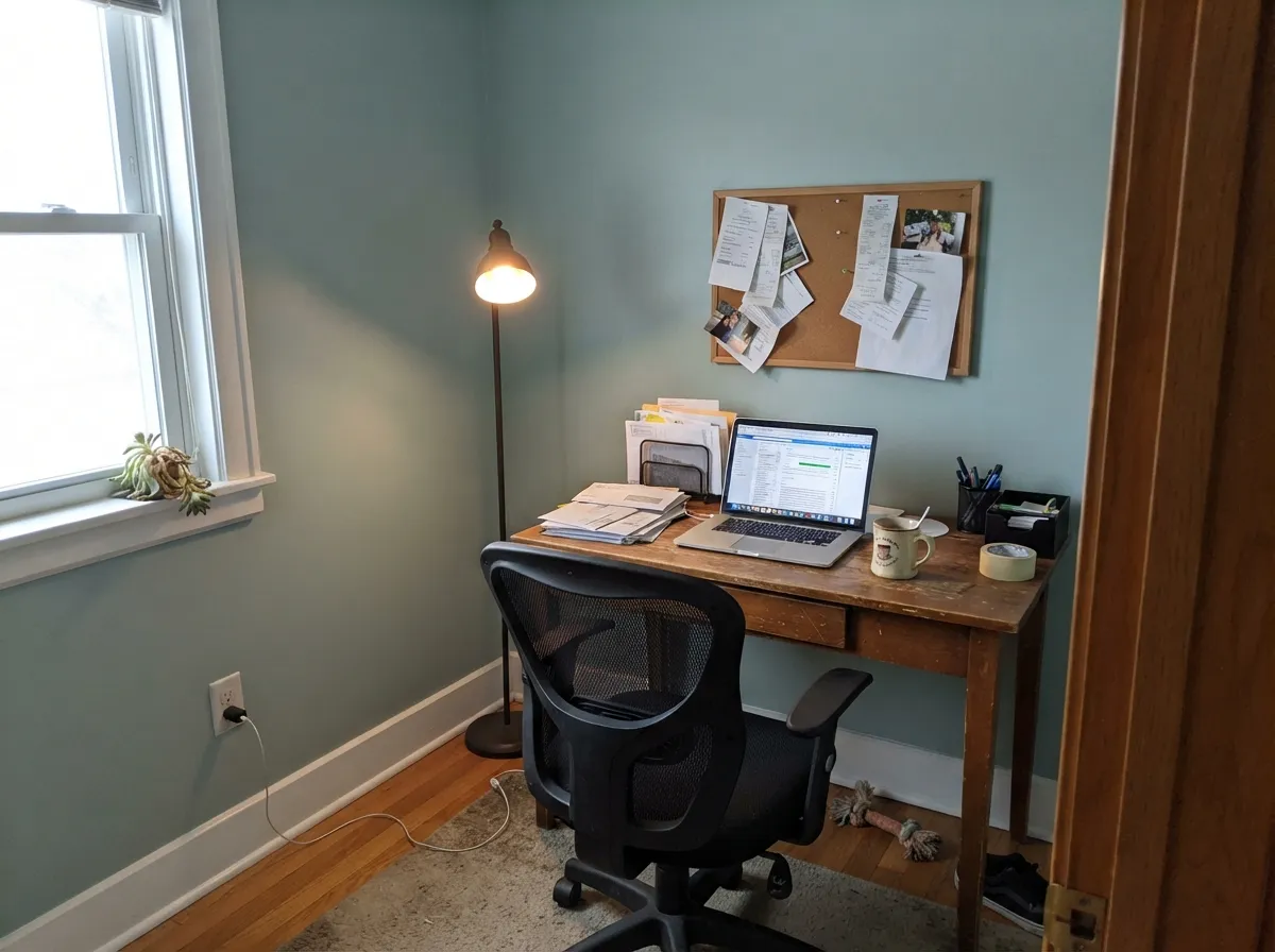 Morning light keeps it leaning blue in a quiet home office — one of the rooms it was built for.