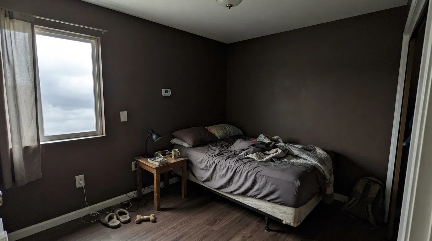 The honest shot: no direct light, no lamp, and the coffee-brown reads almost pure black — the exact complaint behind most of its "too dark" reviews.