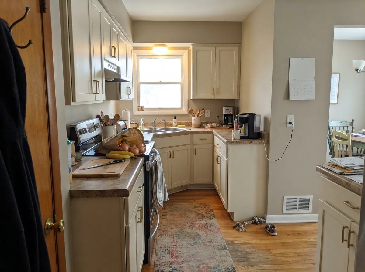 On cabinets it is the Home Depot cream job — satin Heavy Cream with brass and travertine, vanilla on purpose, not gallery white.