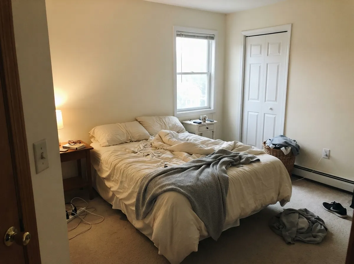 Under warm lamps a bedroom in Heavy Cream goes properly creamy at night — restful vanilla, not hospital white.