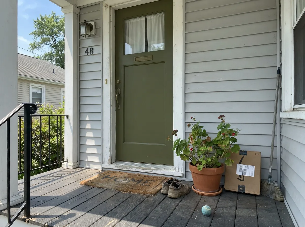 Outdoors against light siding in real sun, the same color reads as a confident, unmistakable olive-green.