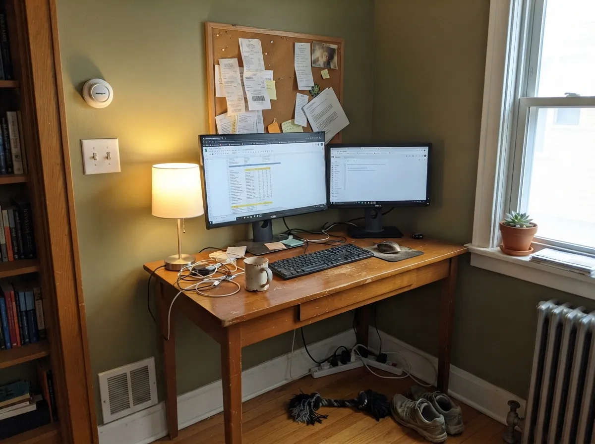 With daylight and warm wood furniture it settles into a calm, grounded backdrop for a desk.