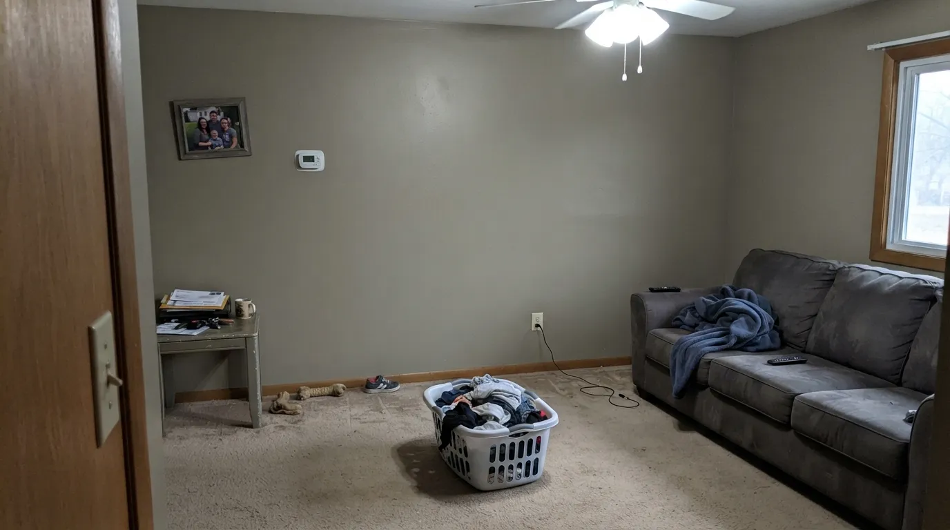 The honest shot: cool LED light with no warm bulbs cancels the yellow undertone and flattens the color into a muddy khaki-gray — the exact situation to test for before you commit a whole room.