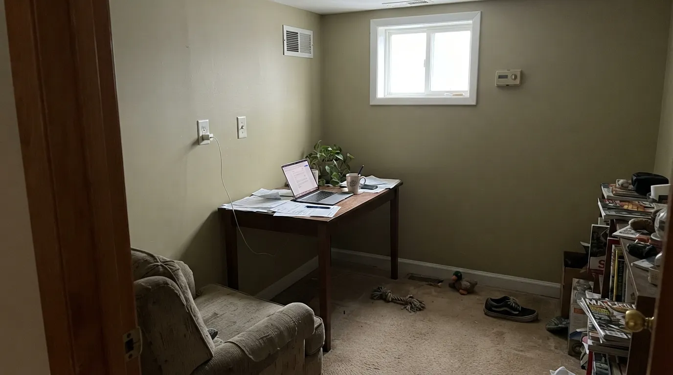 The honest shot: no direct sun to feed the honey undertone, and the color goes flat and slightly muddy — the exact room this paint should not go in without warm lamps.