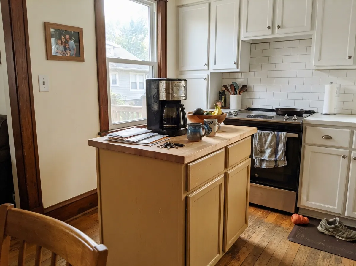 One surface, not four: a Honey Tea island under white walls reads warm and current instead of an all-gold 90s kitchen.