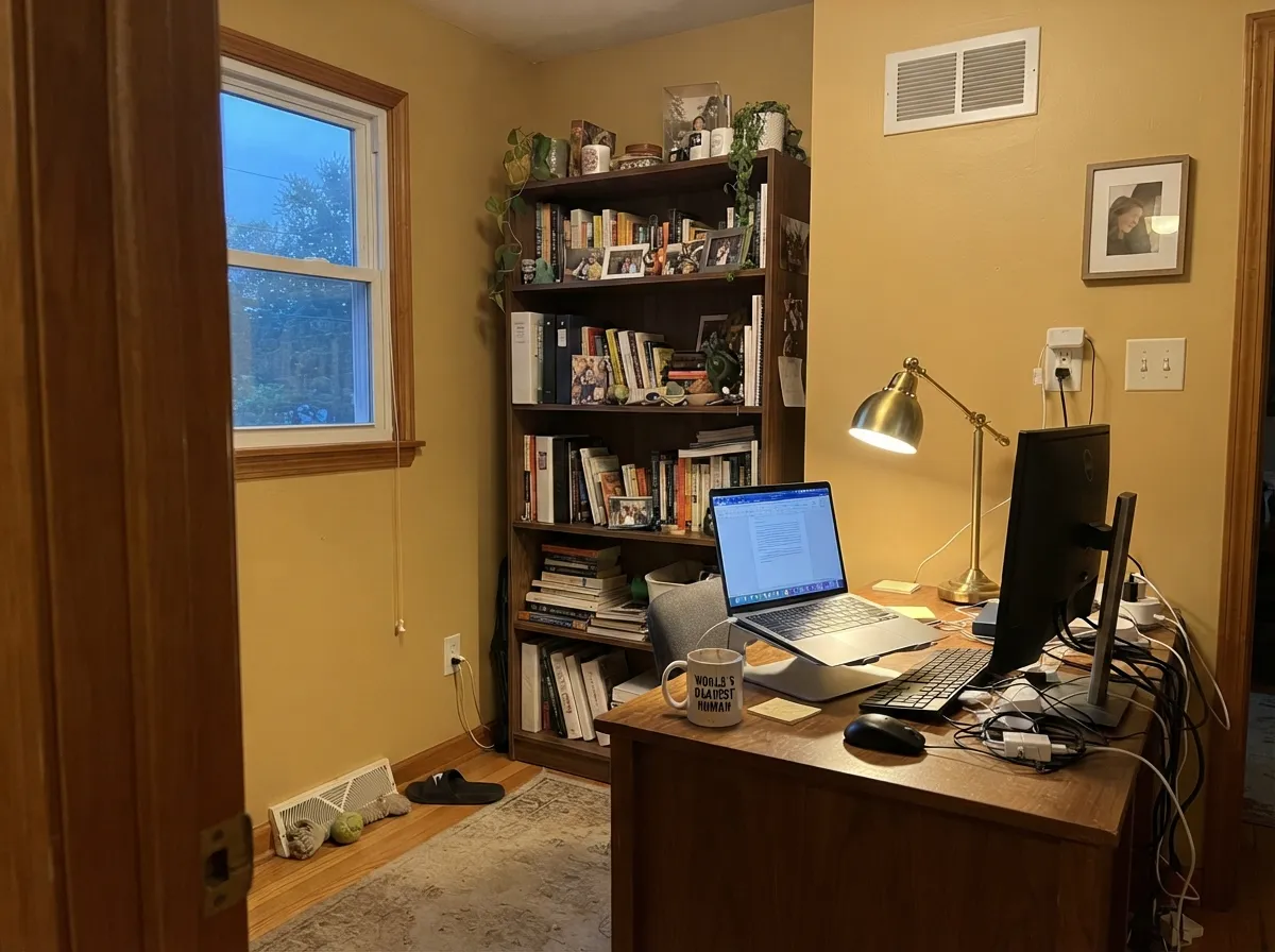 Under a warm lamp at the end of the day the color turns genuinely cozy — its best case for a den or home office.