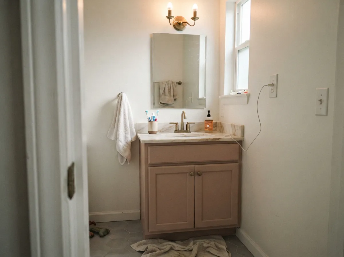 On a vanity with brass hardware and warm stone, the color reads custom rather than dated.