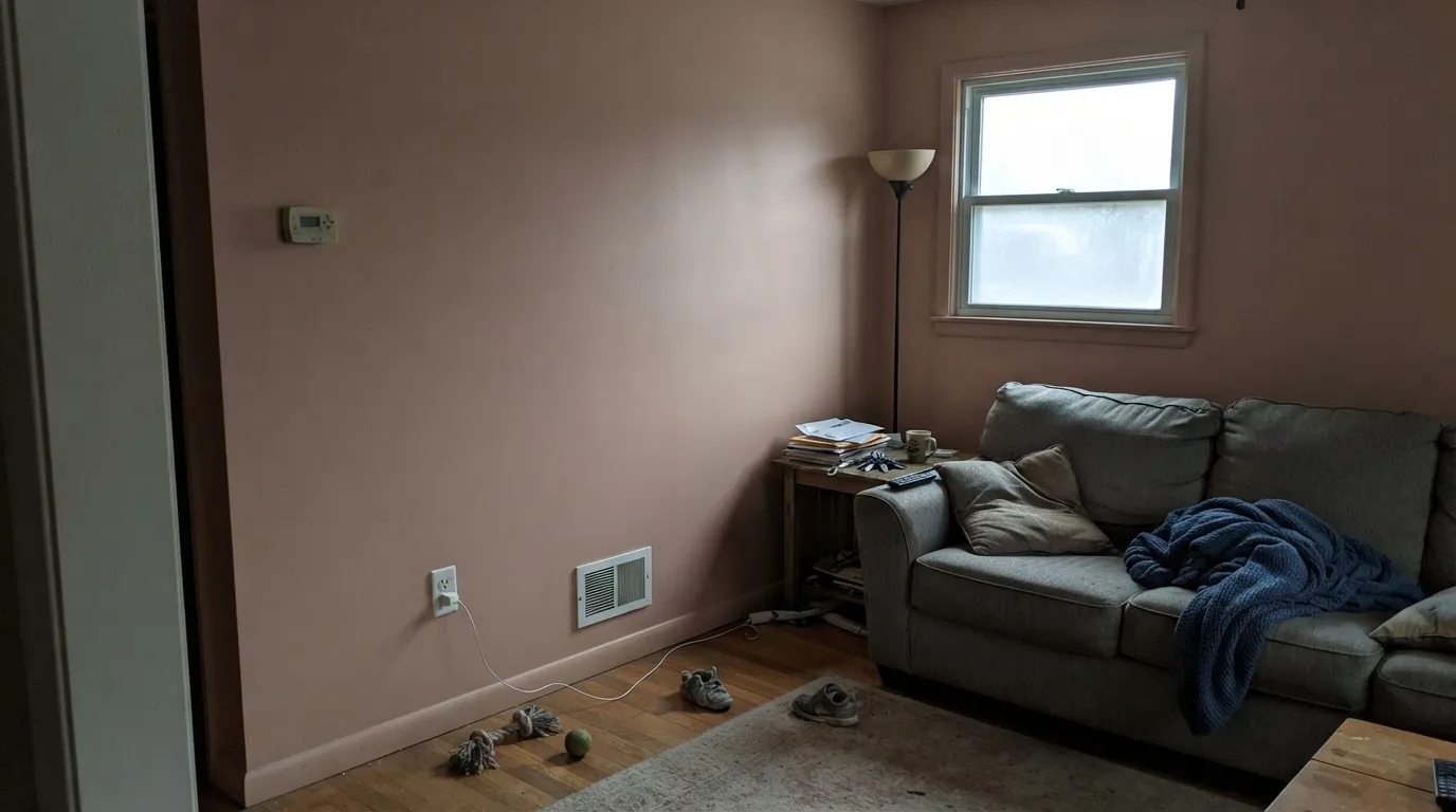 The honest shot: without daylight to carry it, the blush disappears and Iced Copper settles into plain, muddy beige — the room where this color disappoints.