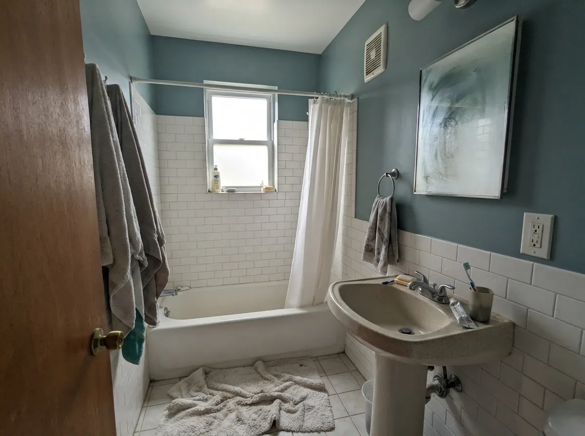 The spa move: mid-tone teal above white tile — enough color to feel finished, not so much it goes mint.