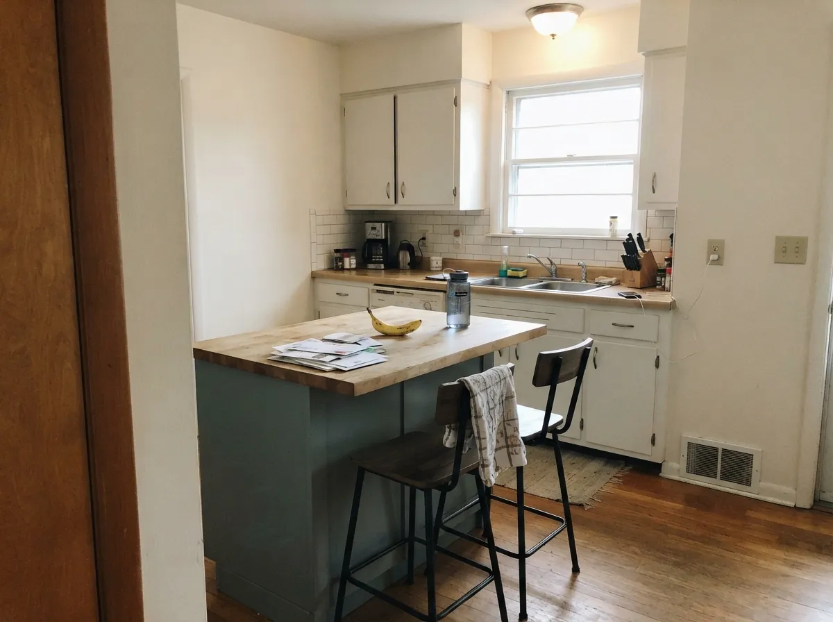 The contained commitment: satin In The Moment on the island, light walls around it — teal where you want it, not on every cabinet.