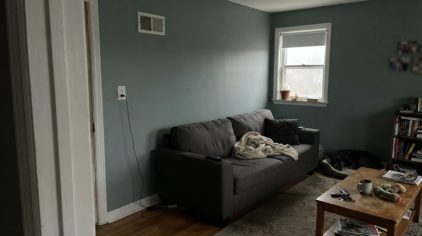 The honest shot: cool north light strips the green and leaves slate — the exact dim-room failure that turns a 2018 teal into dingy gray.