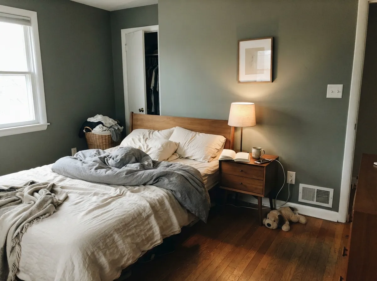 In a bedroom with real morning light, the green-gray reads moody without swallowing the room.