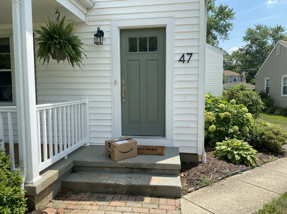 Full sun keeps Incognito reading as green on the front door instead of washing it out to gray.