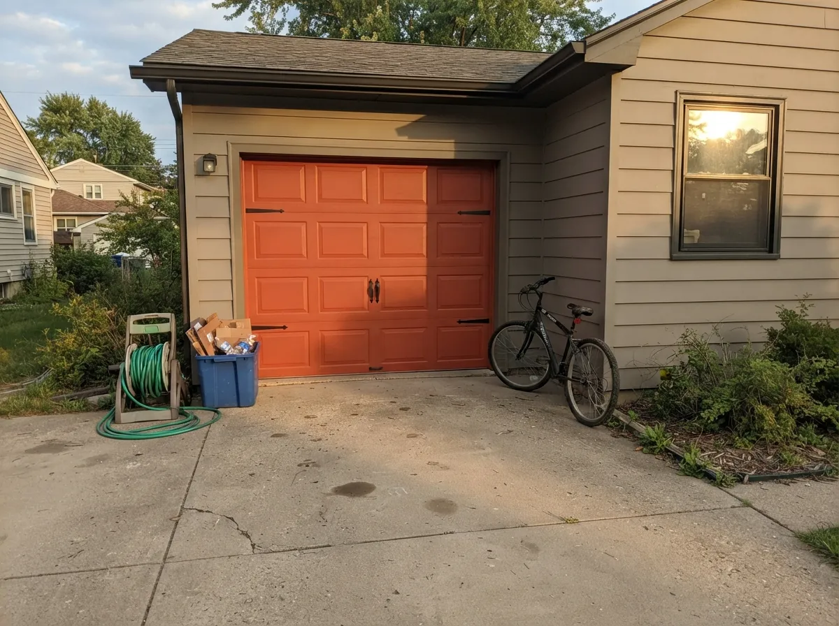 On a full garage door the color reads bolder and more orange than a paint chip ever suggests — sample a full panel before committing.
