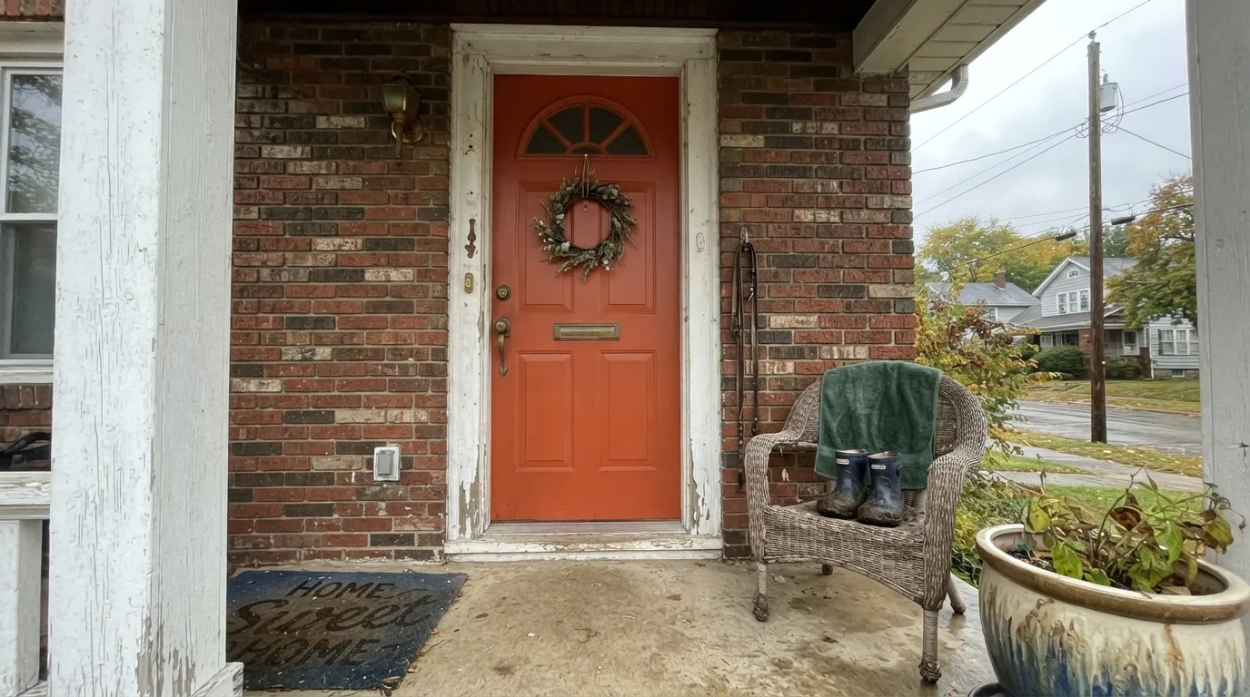 The honest shot: without direct sun the orange snap disappears and the color sinks toward muddy brick-red — the exact letdown for a shaded or north-facing entry.