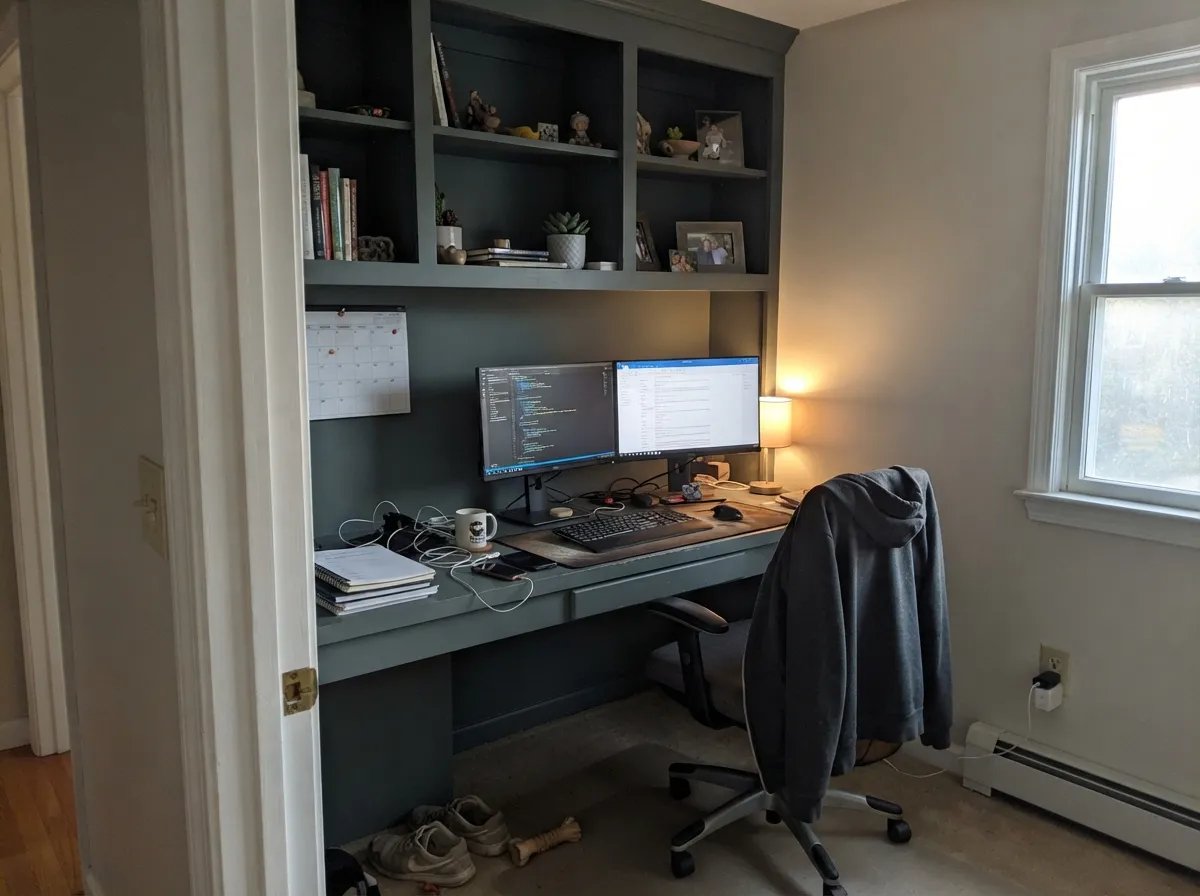 In a lamped office the slate goes quiet instead of cave — this is the indoor job that actually works at LRV 18.