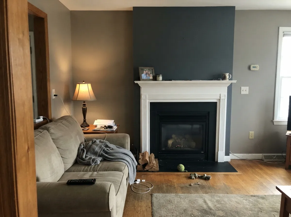 One fireplace wall in daylight — the slate is a decision against Revere Pewter, not a four-wall drench.