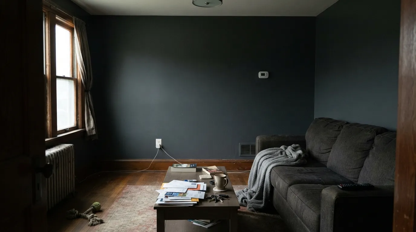 The honest shot: on four walls with no lamps, LRV 18 goes cave-charcoal — the slate on the chip is gone, which is the number-one way this color fails indoors.