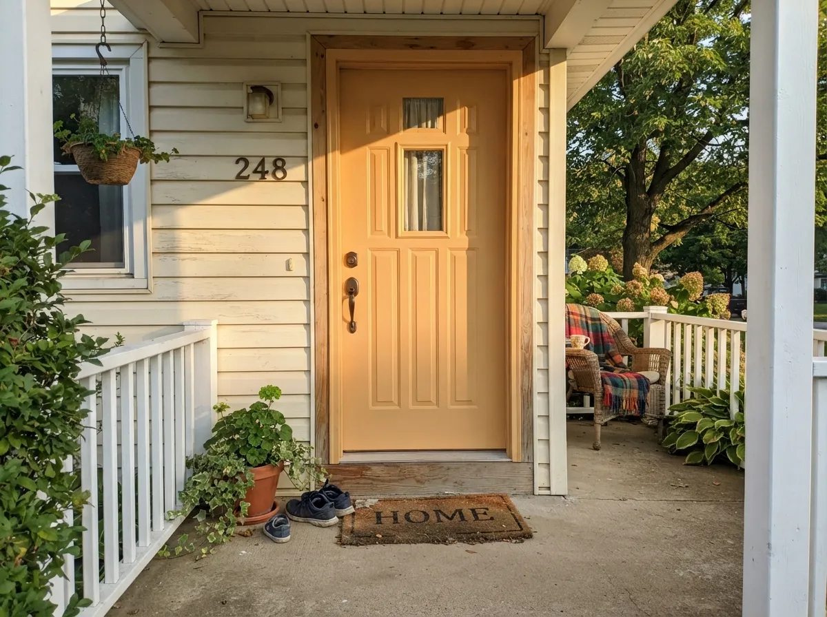 Sold in exterior formulations too — a confident, sunny front door against a cream house.