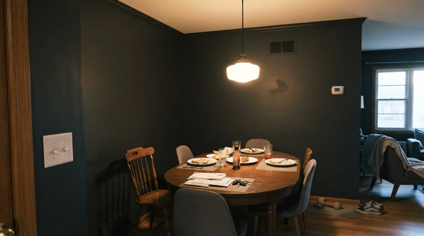 Jet Black drenched in a dining room after dark — walls and trim the same color, a warm cream ceiling keeping it from feeling like a lid.
