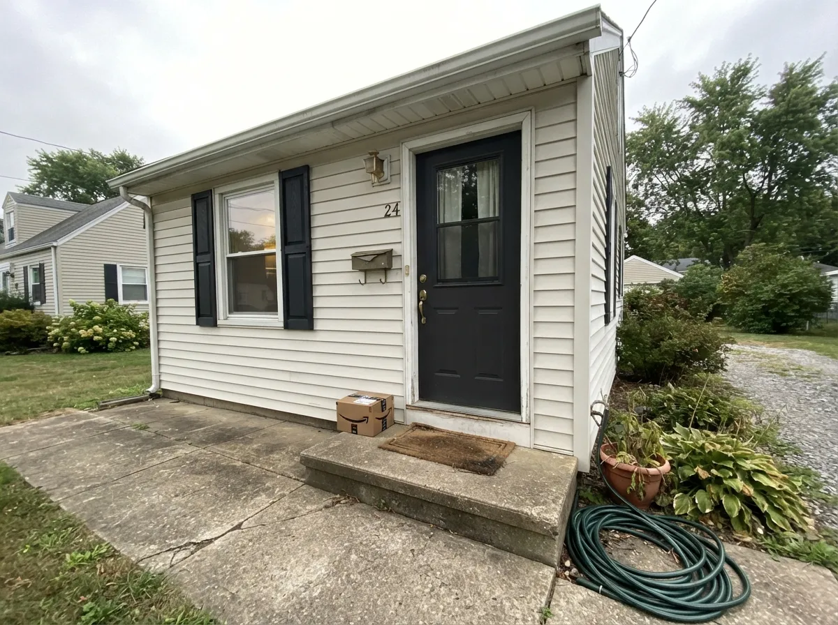 Black joinery on white siding — with no undertone in the color it never argues with the brick, the roof or the siding white.