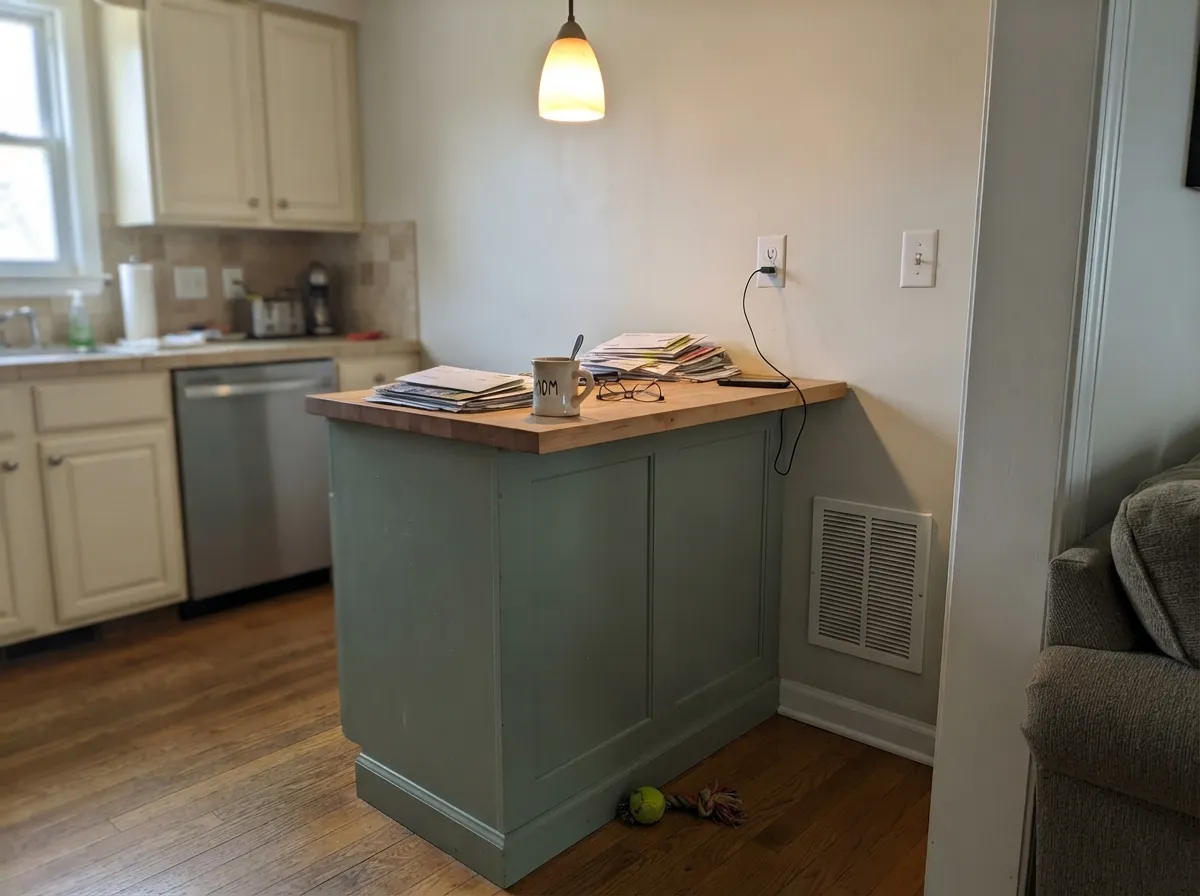 The other job Behr built it for: an island in Jojoba, cream cabinets around it — current without going all-in on color.