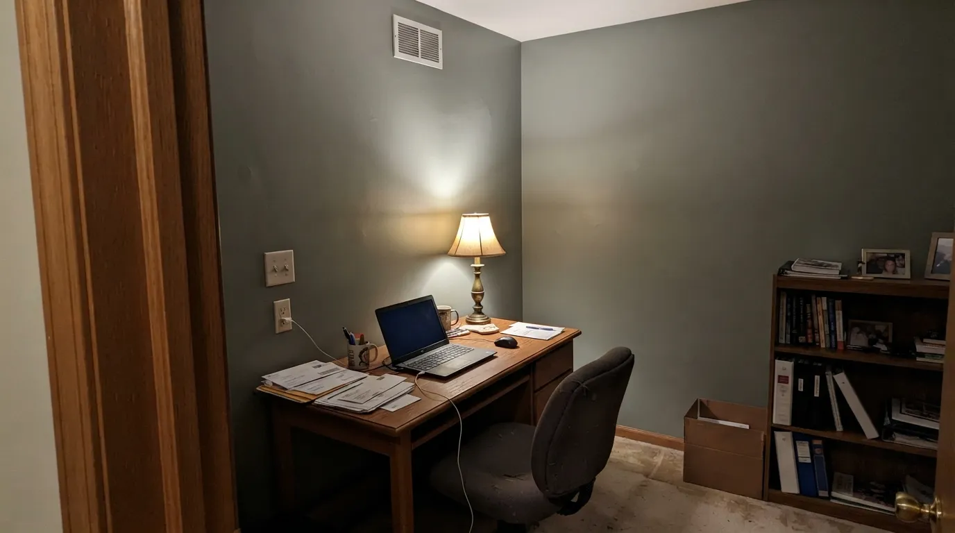 The honest shot: no daylight, just a warm lamp. The green all but disappears and the wall reads plain gray-beige — the exact situation behind Jojoba's one real complaint.