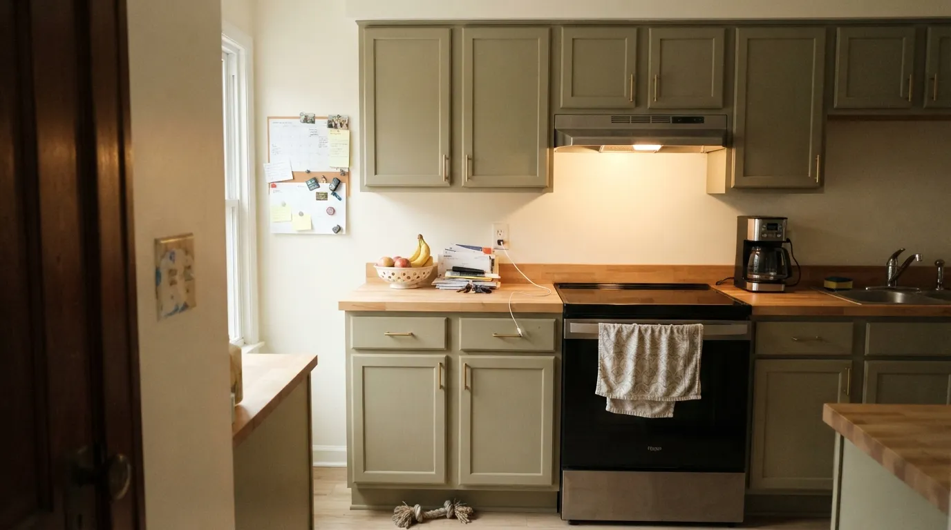 Jungle Camouflage on lower cabinets against warm-white walls — brass hardware and butcher block are exactly the company it wants.