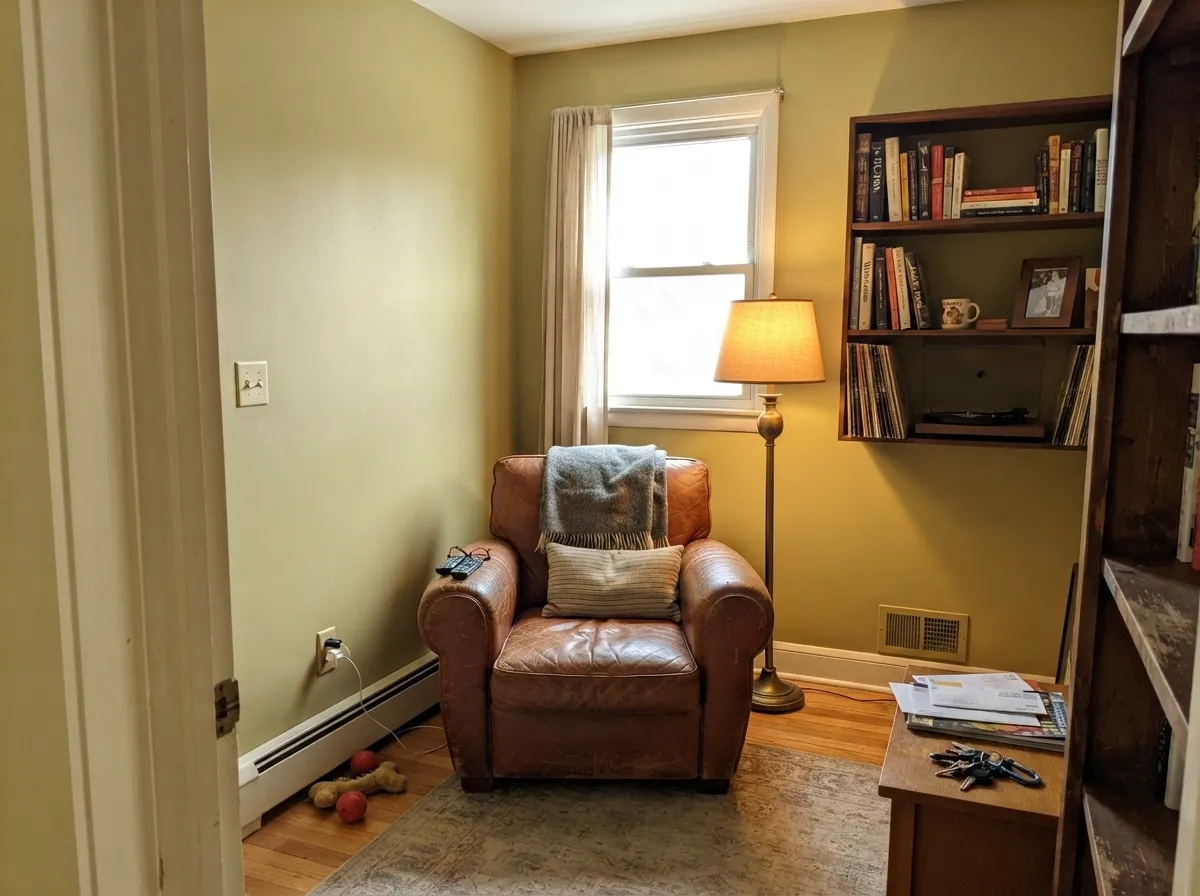 With walnut shelving and leather it reads warm and settled, not costume-green — its best indoor room.