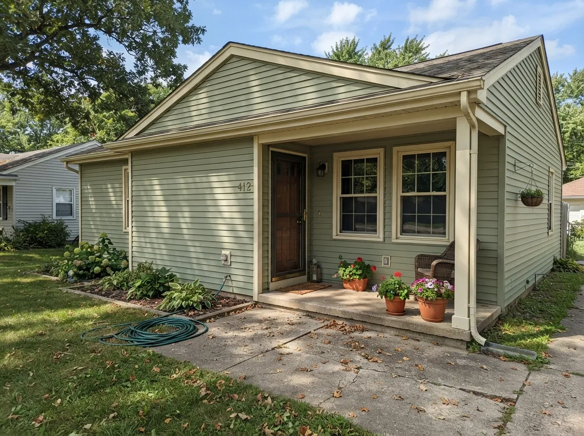 In full sun on a ranch exterior it reads as a settled, natural green — exactly the farmhouse pairing Behr pushes it for.